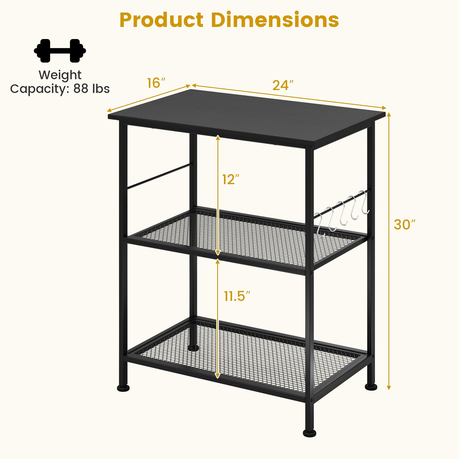 3-Tier Kitchen Serving Cart Utility Standing Microwave Rack with Hooks, Black Baker's Racks at Gallery Canada