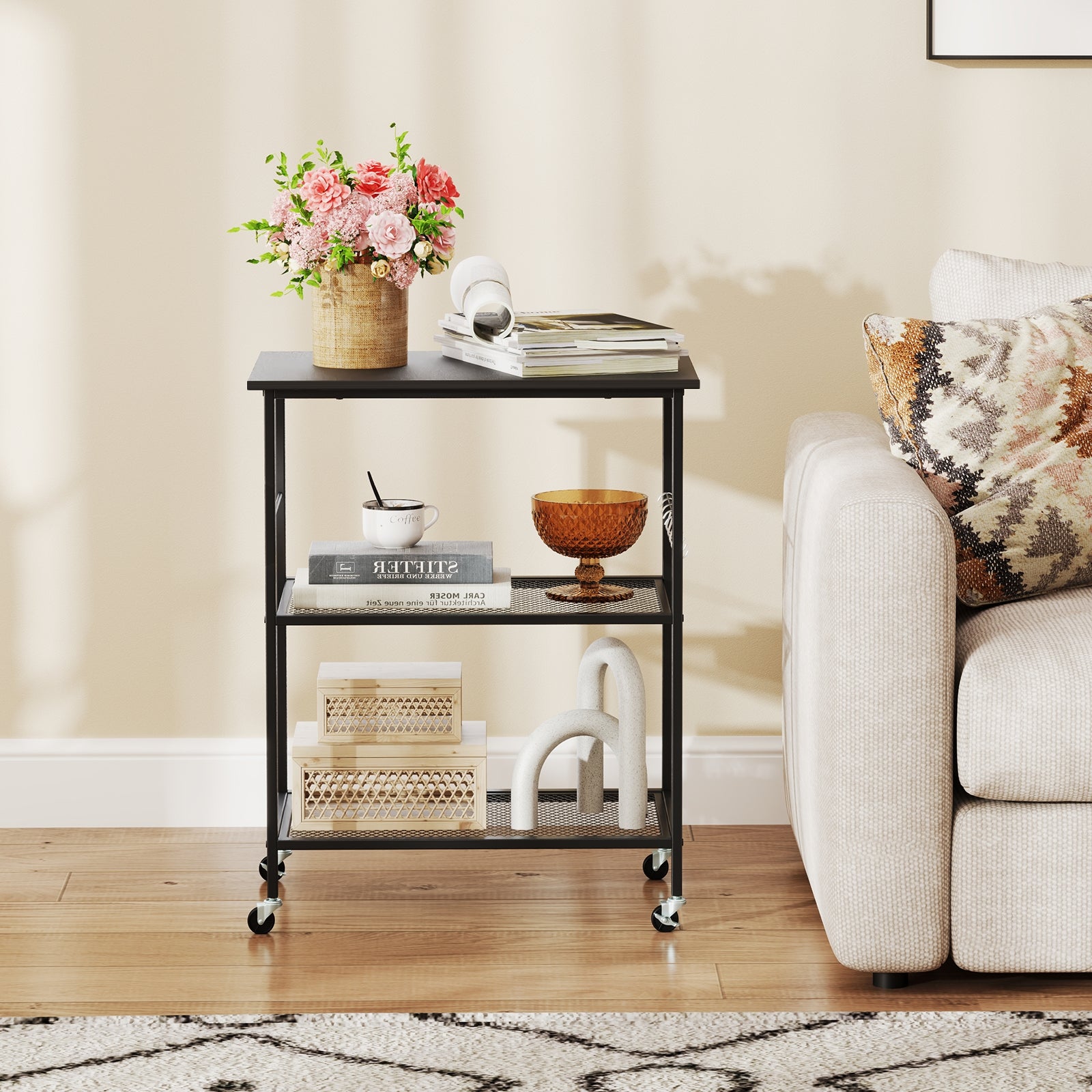 3-Tier Kitchen Serving Cart Utility Standing Microwave Rack with Hooks, Black Baker's Racks at Gallery Canada