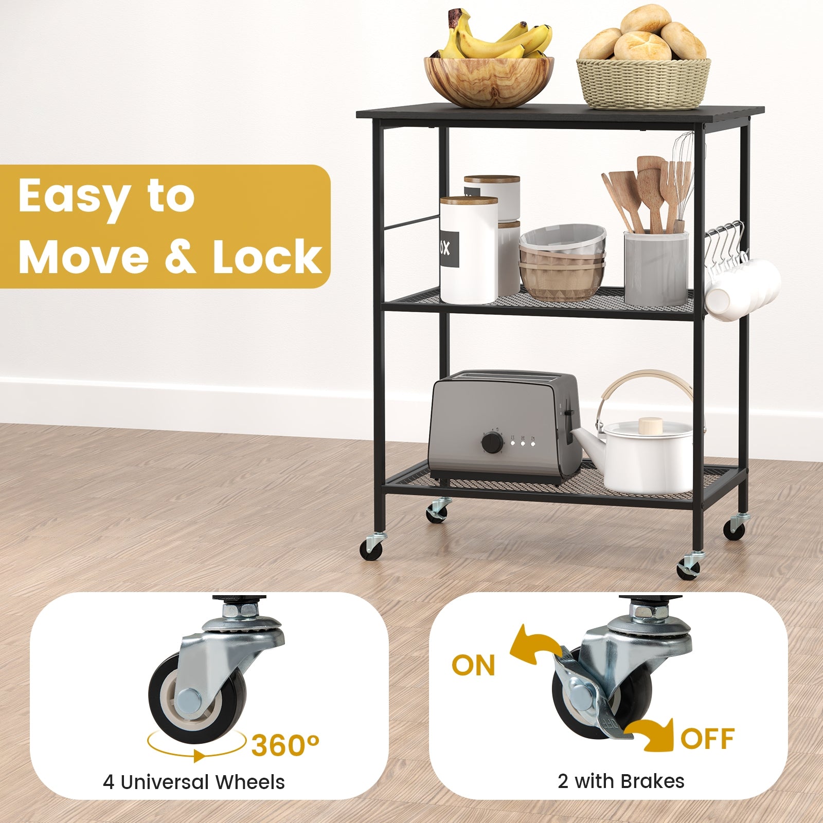 3-Tier Kitchen Serving Cart Utility Standing Microwave Rack with Hooks, Black Baker's Racks at Gallery Canada