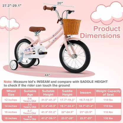 14 Inch Kids Bike Retro Bicycle with Adjustable Height and Basket for Ages 3-5 Years Old, Pink Kids Bike at Gallery Canada