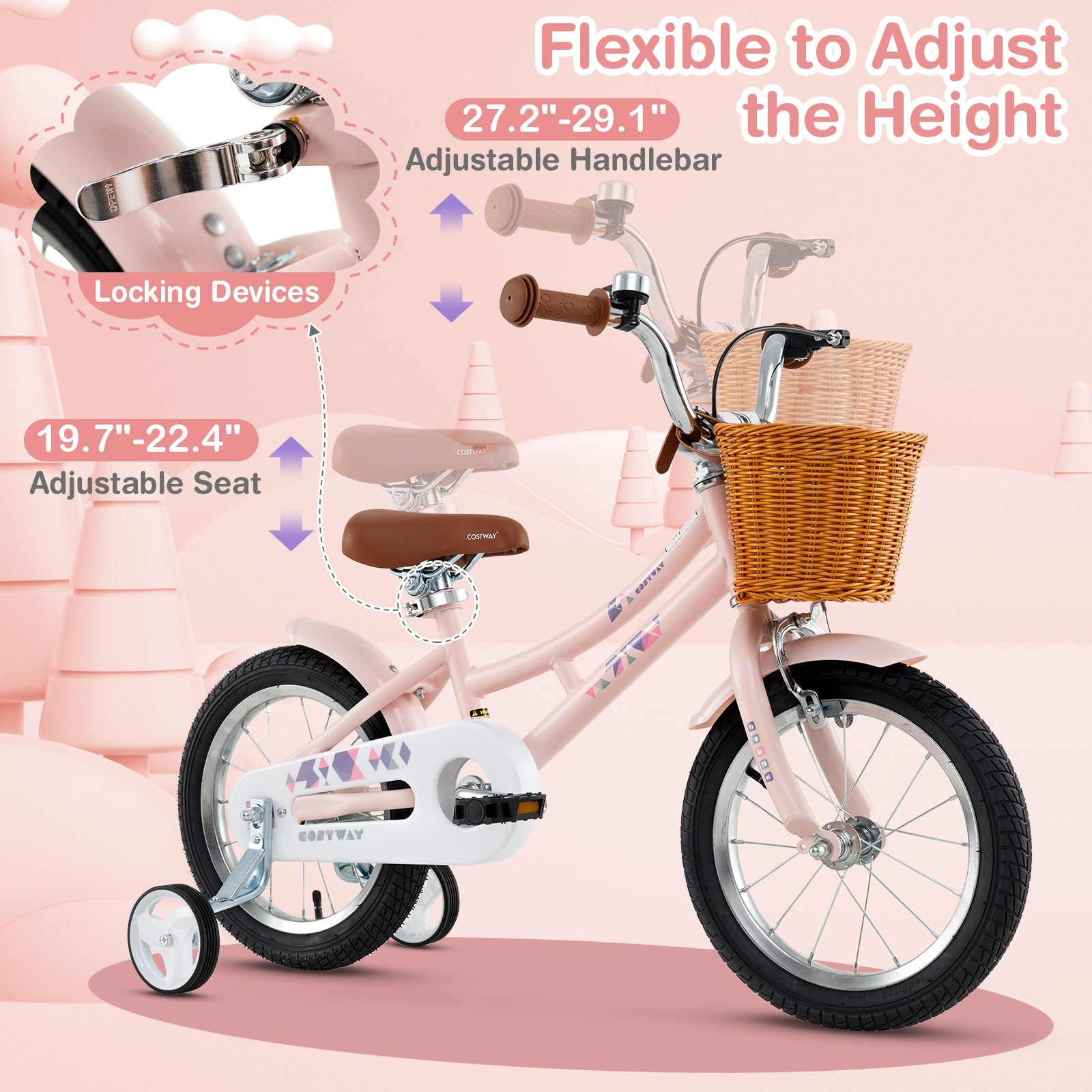 14 Inch Kids Bike Retro Bicycle with Adjustable Height and Basket for Ages 3-5 Years Old, Pink Kids Bike at Gallery Canada
