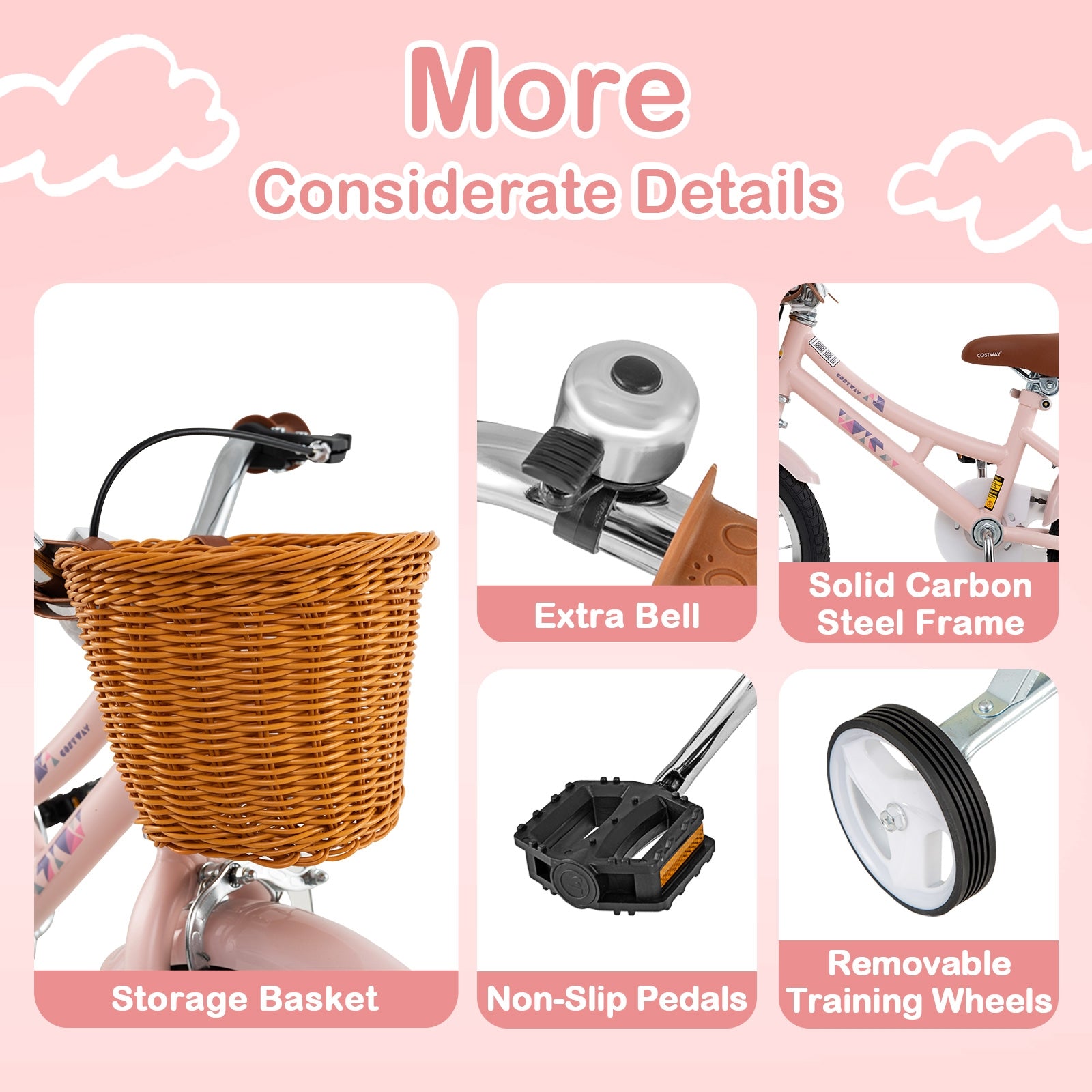 14 Inch Kids Bike Retro Bicycle with Adjustable Height and Basket for Ages 3-5 Years Old, Pink Kids Bike at Gallery Canada