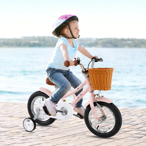12 Inch Kids Bike Retro Bicycle with Adjustable Height and Basket for Ages 3-8 Years Old, Pink