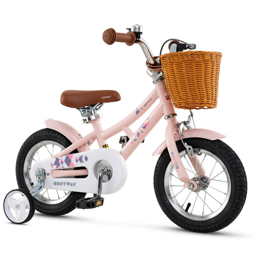 12 Inch Kids Bike Retro Bicycle with Adjustable Height and Basket for Ages 3-8 Years Old, Pink