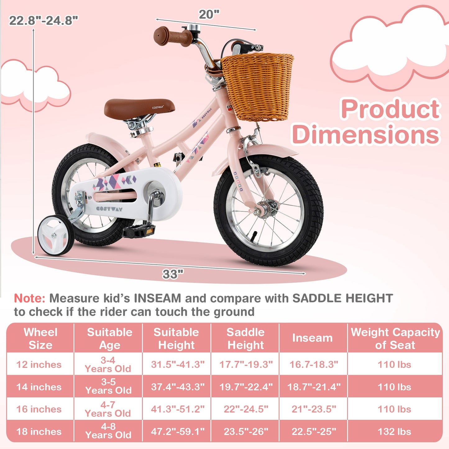 12 Inch Kids Bike Retro Bicycle with Adjustable Height and Basket for Ages 3-8 Years Old, Pink Kids Bike at Gallery Canada