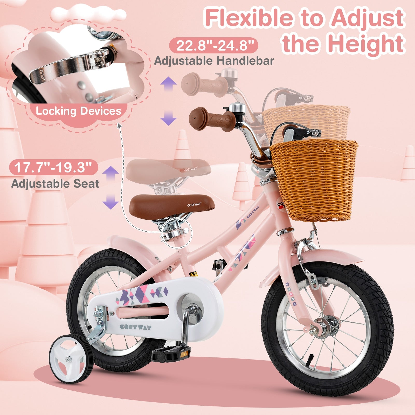 12 Inch Kids Bike Retro Bicycle with Adjustable Height and Basket for Ages 3-8 Years Old, Pink Kids Bike at Gallery Canada