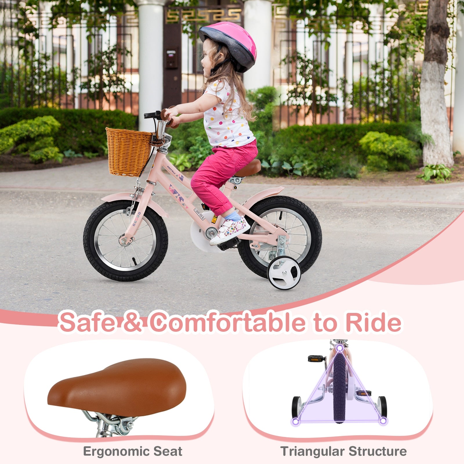 12 Inch Kids Bike Retro Bicycle with Adjustable Height and Basket for Ages 3-8 Years Old, Pink Kids Bike at Gallery Canada