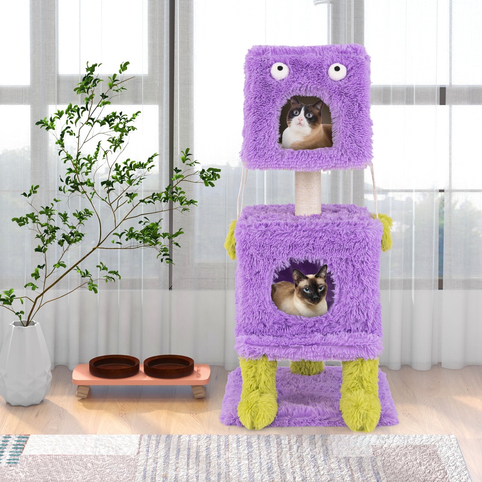 Cute Monster-Themed Cat Tower with 2 Private Condos for Small Place, Purple Cat Trees Condos & Scratchers at Gallery Canada