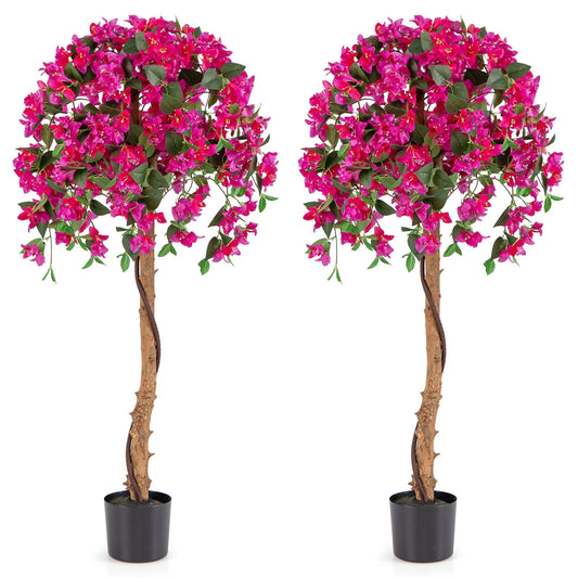 Set Of 2 4.5 Feet Artificial Azalea Tree, Cement Pot, Red
