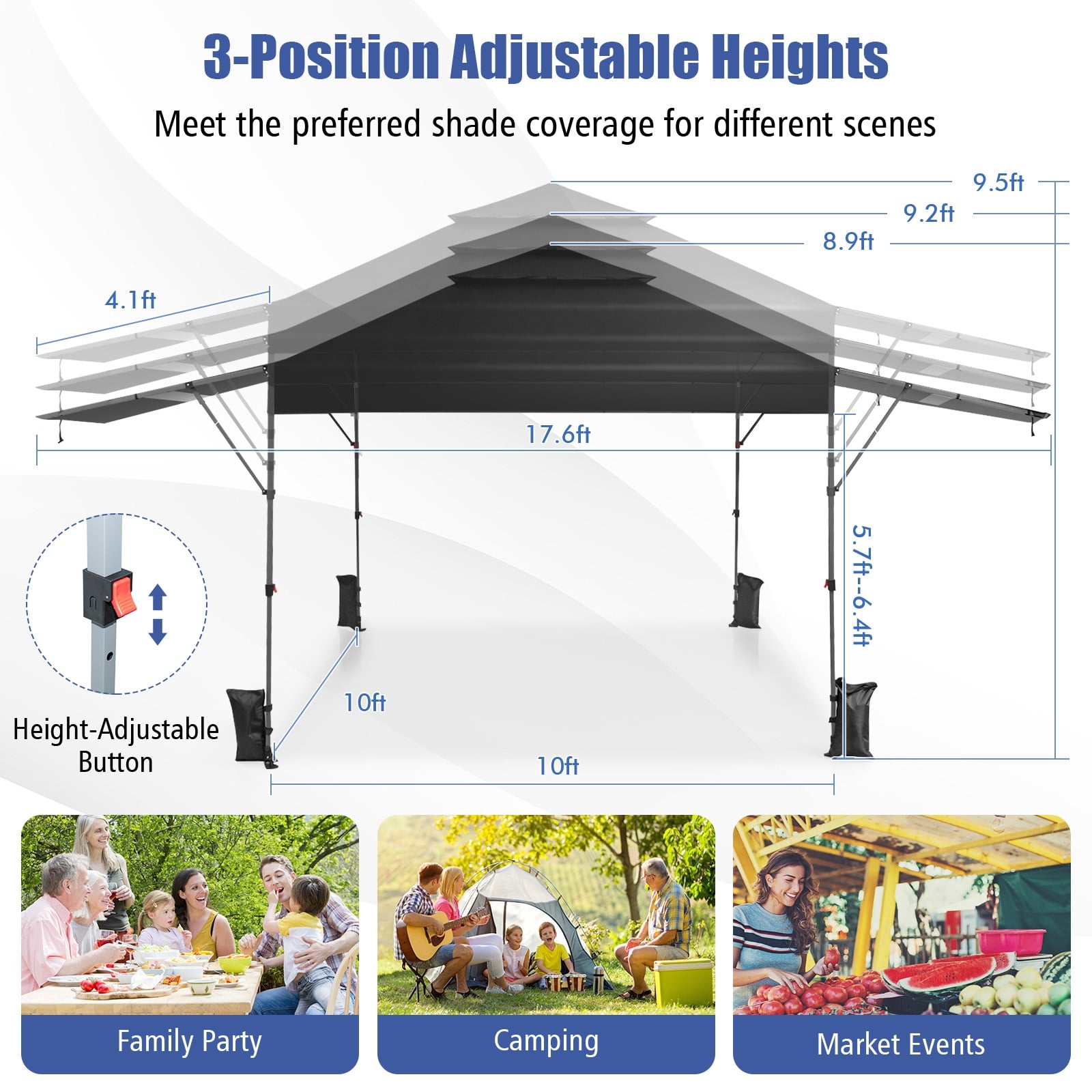 10 x 17.6 Feet Outdoor Pop-Up Canopy Tent, Black Canopies at Gallery Canada