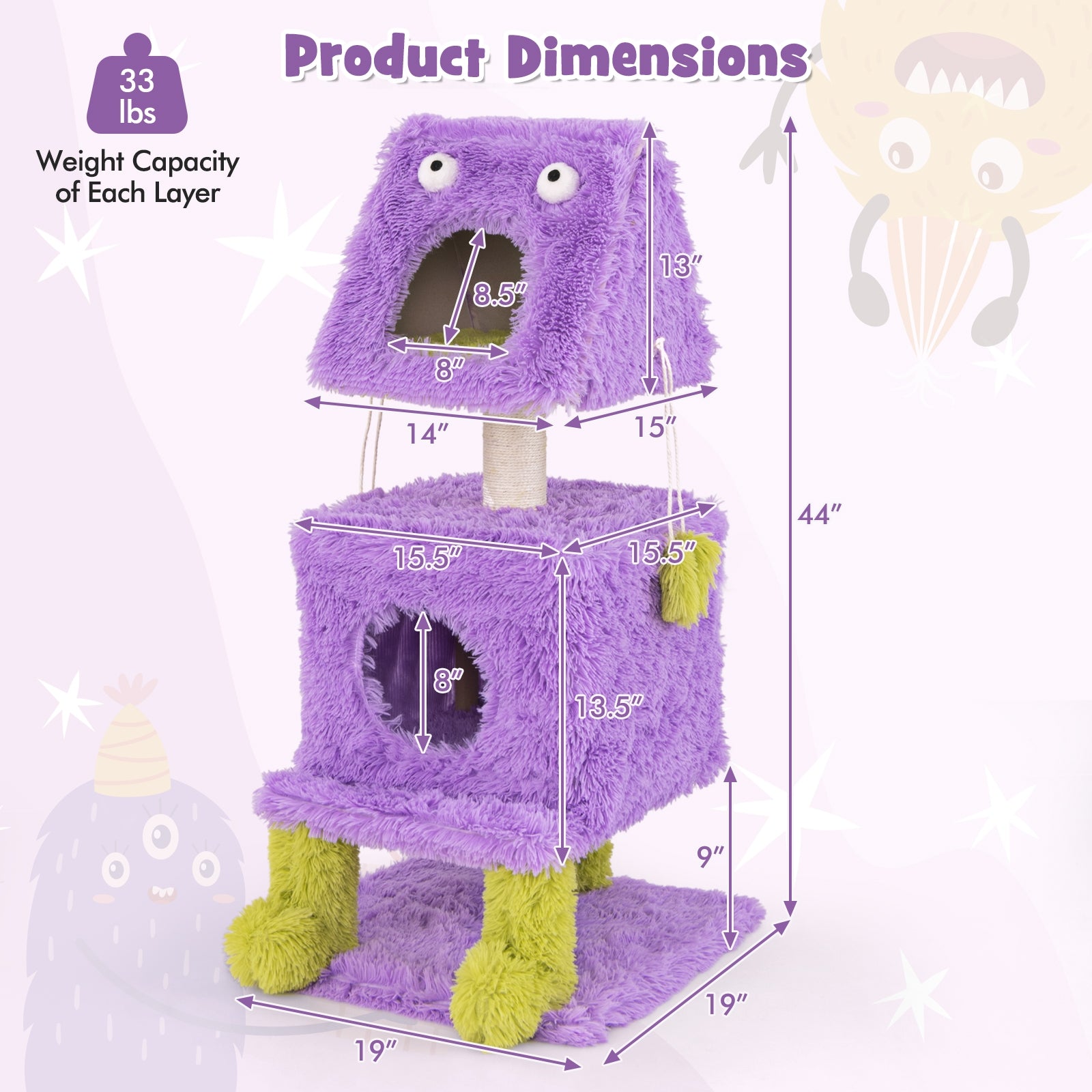 Cute Monster-Themed Cat Tower with 2 Private Condos for Small Place, Purple Cat Trees Condos & Scratchers at Gallery Canada