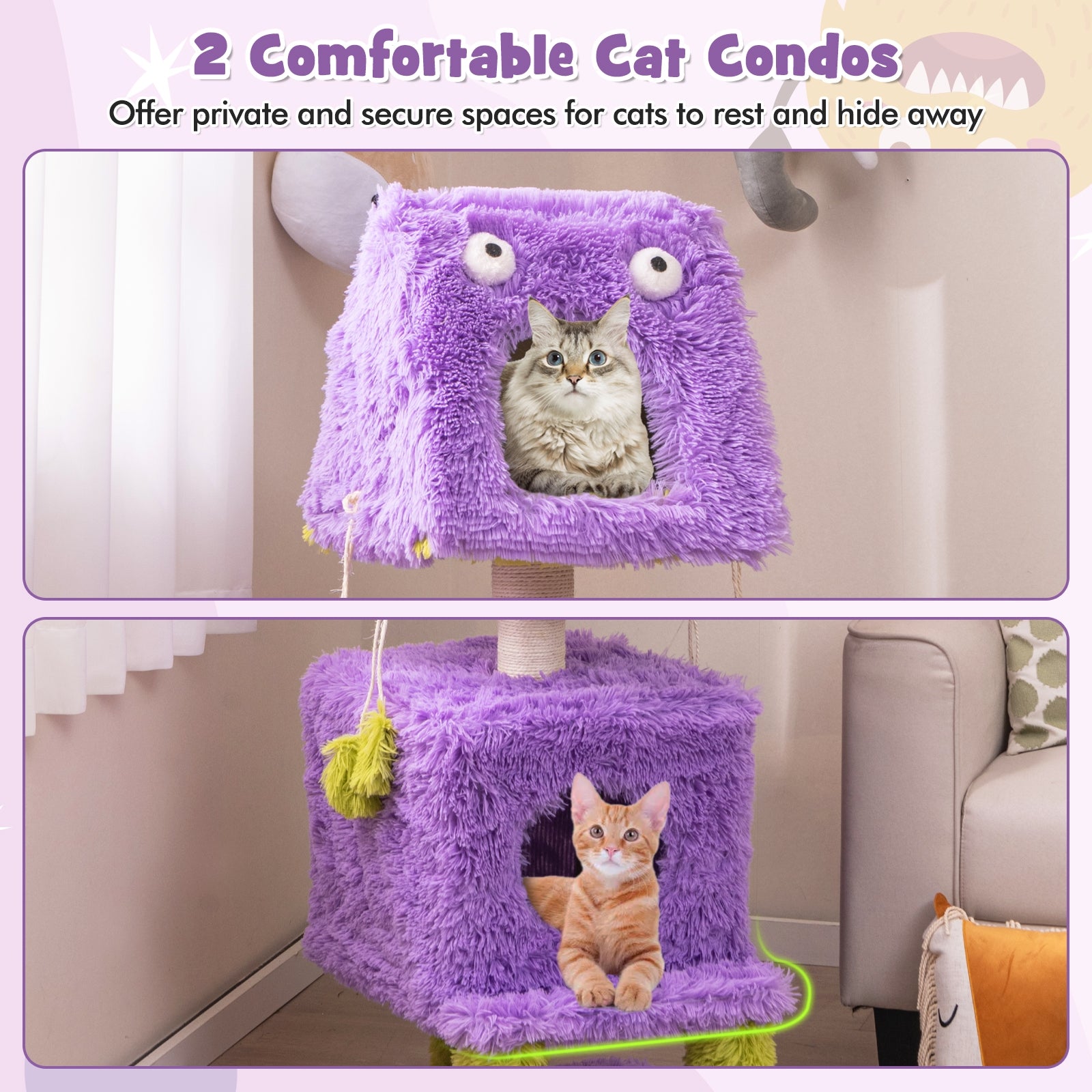 Cute Monster-Themed Cat Tower with 2 Private Condos for Small Place, Purple Cat Trees Condos & Scratchers at Gallery Canada