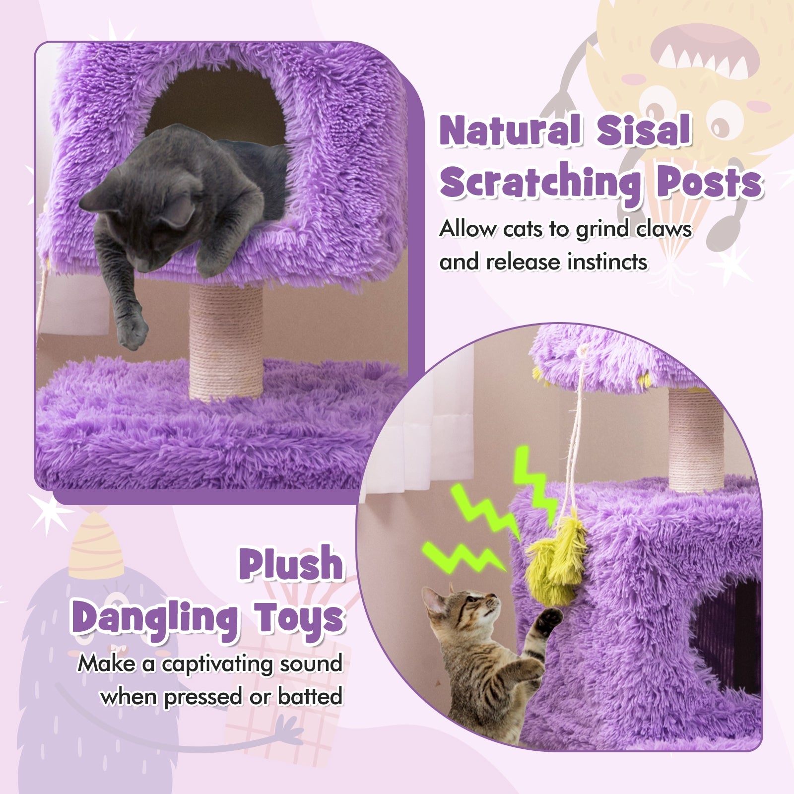 Cute Monster-Themed Cat Tower with 2 Private Condos for Small Place, Purple Cat Trees Condos & Scratchers at Gallery Canada