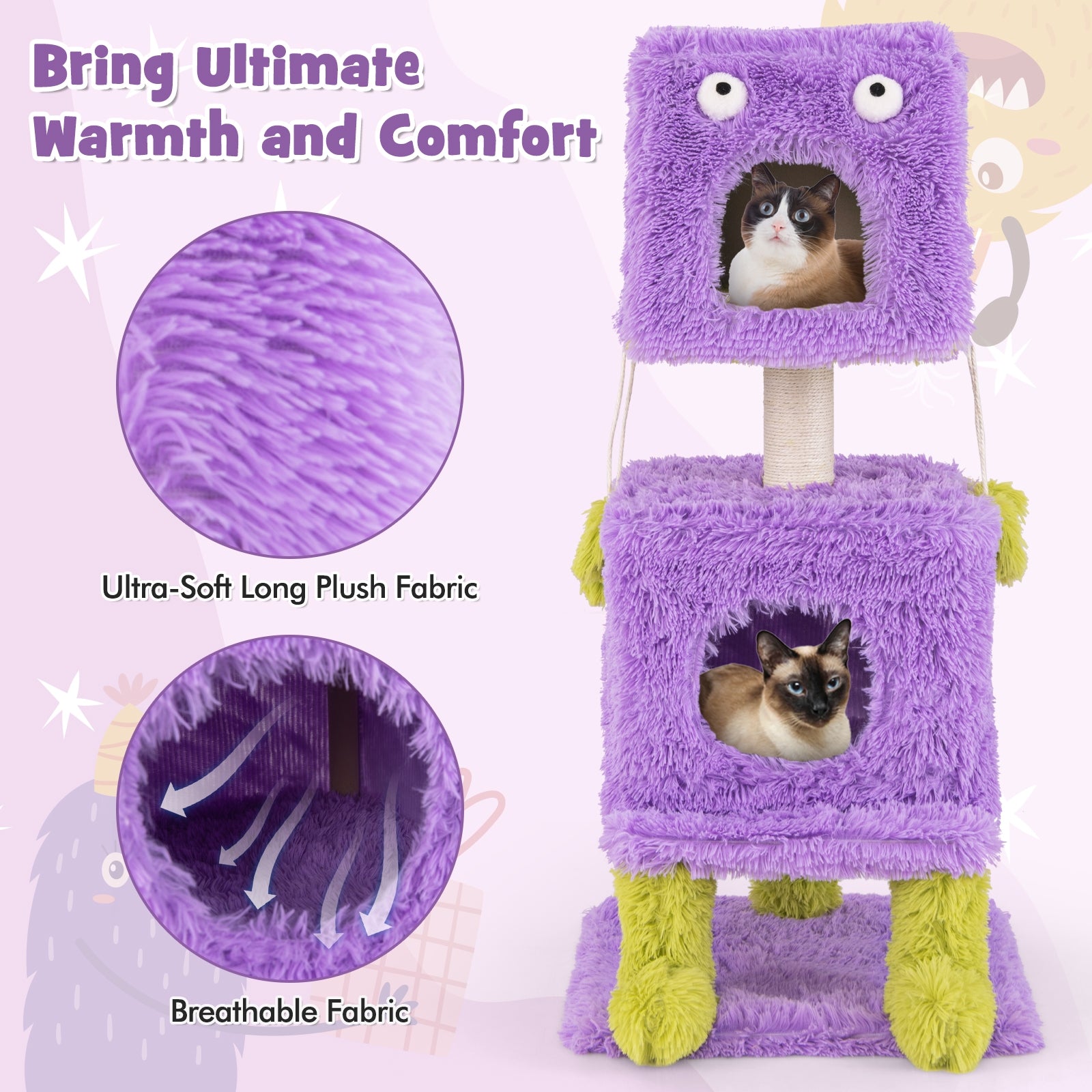 Cute Monster-Themed Cat Tower with 2 Private Condos for Small Place, Purple Cat Trees Condos & Scratchers at Gallery Canada