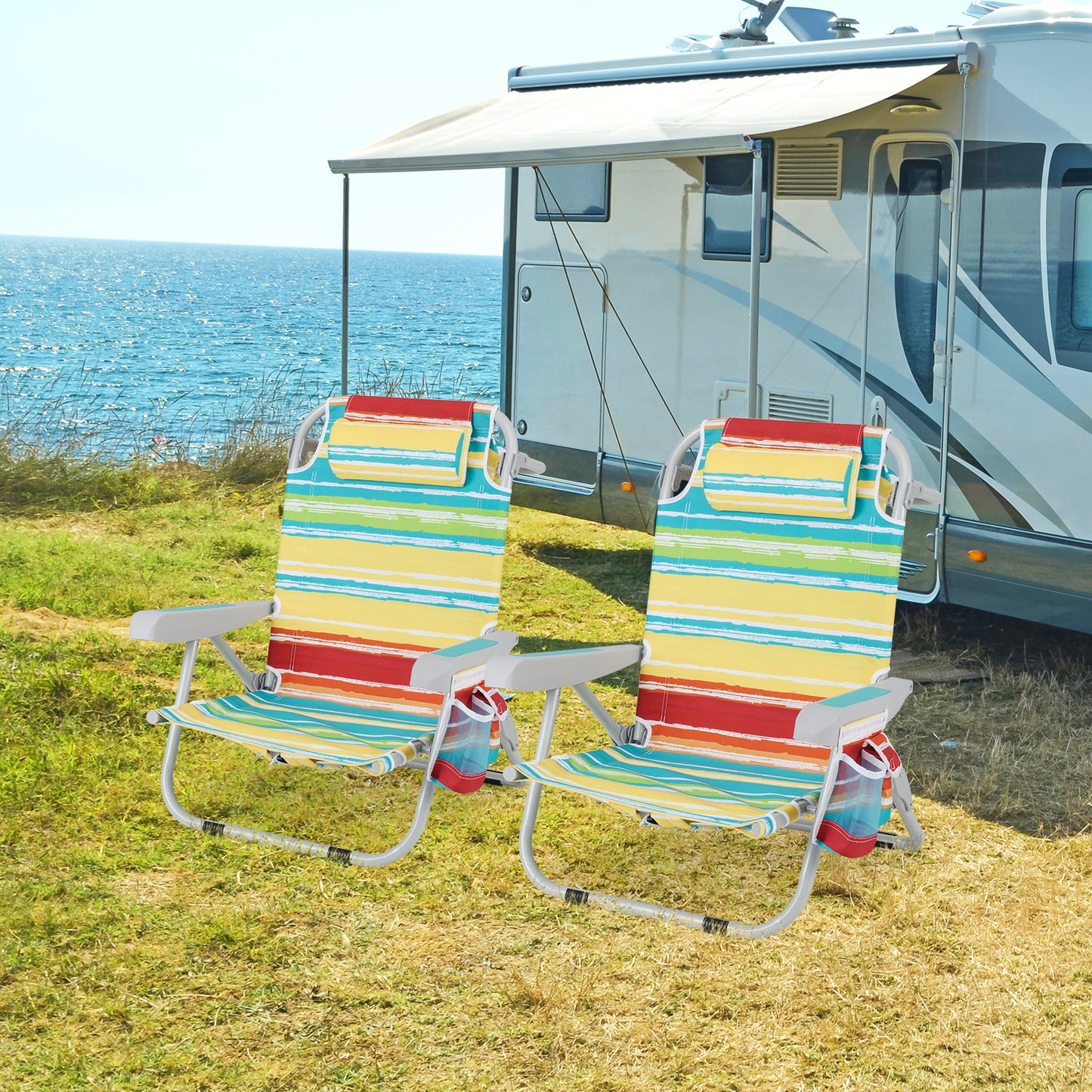 Foldable Backpack Beach Chair with Cup Holder and Storage Pockets Set of 2, Multicolor Beach & Lawn Chairs at Gallery Canada