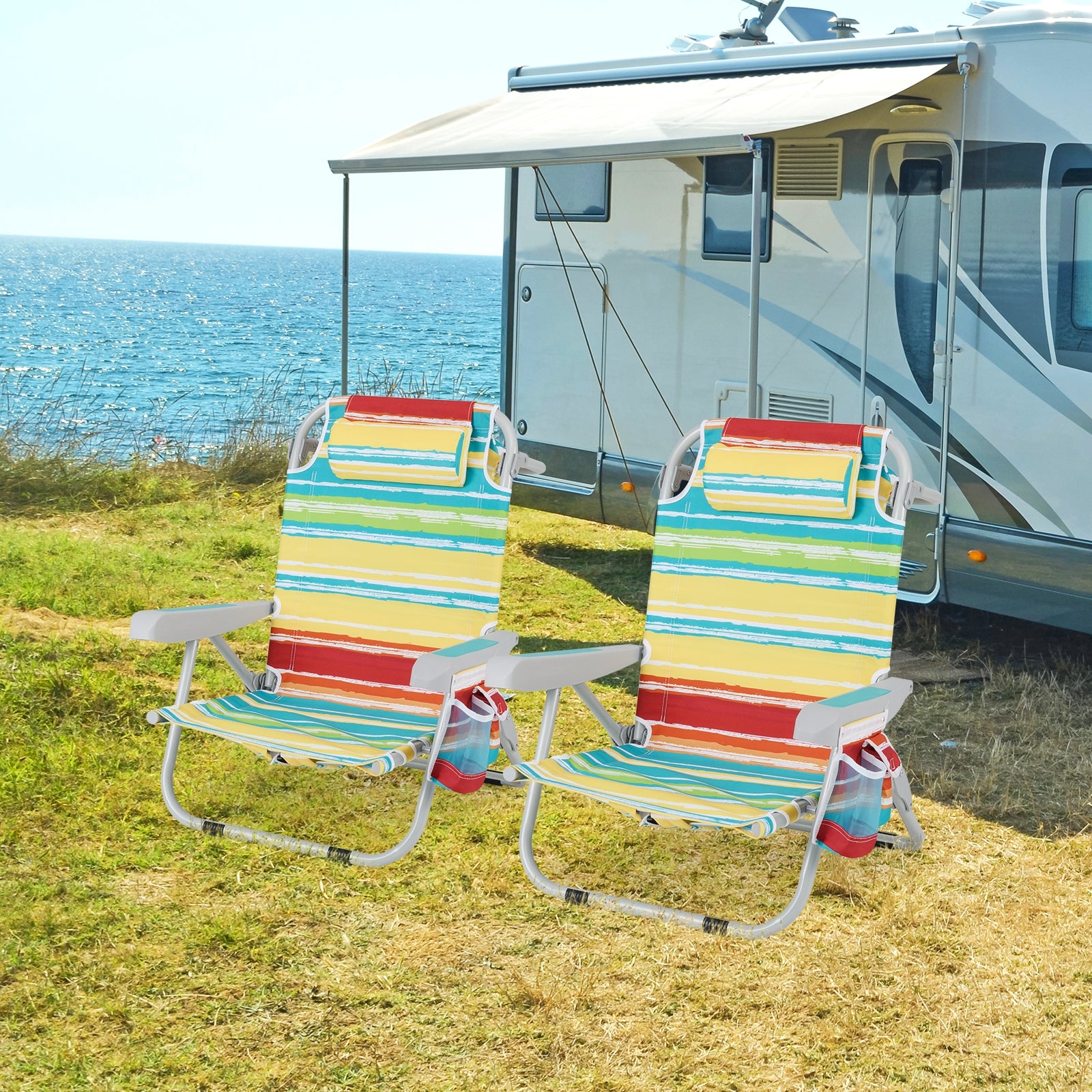 Foldable Backpack Beach Chair with Cup Holder and Storage Pockets Set of 2, Multicolor Beach & Lawn Chairs at Gallery Canada