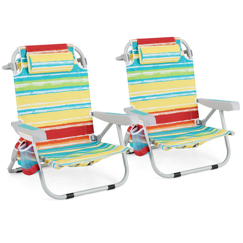 Foldable Backpack Beach Chair with Cup Holder and Storage Pockets Set of 2, Multicolor