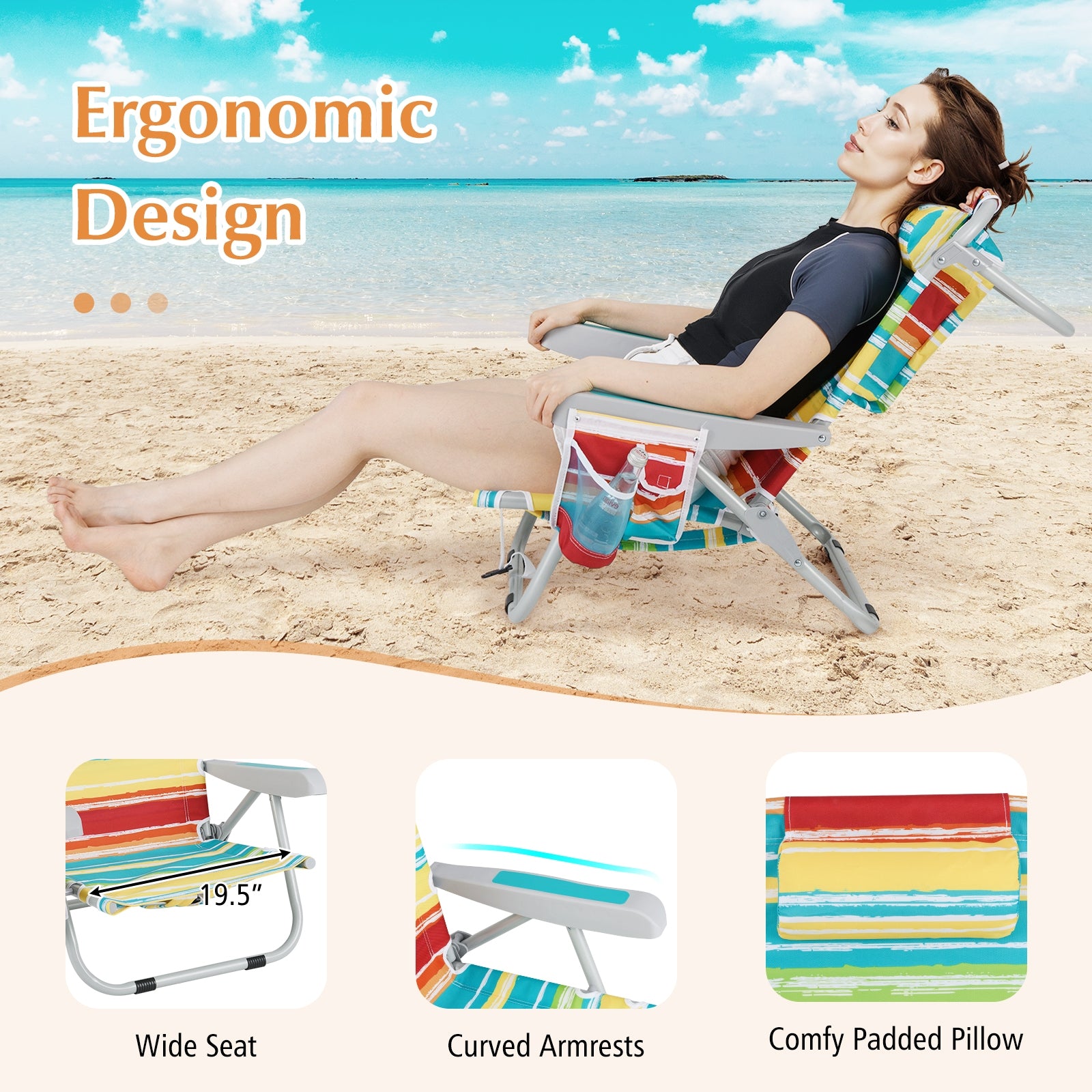 Foldable Backpack Beach Chair with Cup Holder and Storage Pockets Set of 2, Multicolor Beach & Lawn Chairs at Gallery Canada