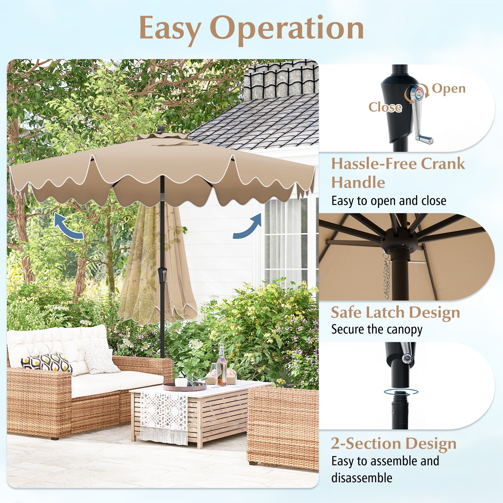 9 Feet Patio Umbrella with Crank Handle and Push Button Tilt, Brown Outdoor Umbrellas at Gallery Canada