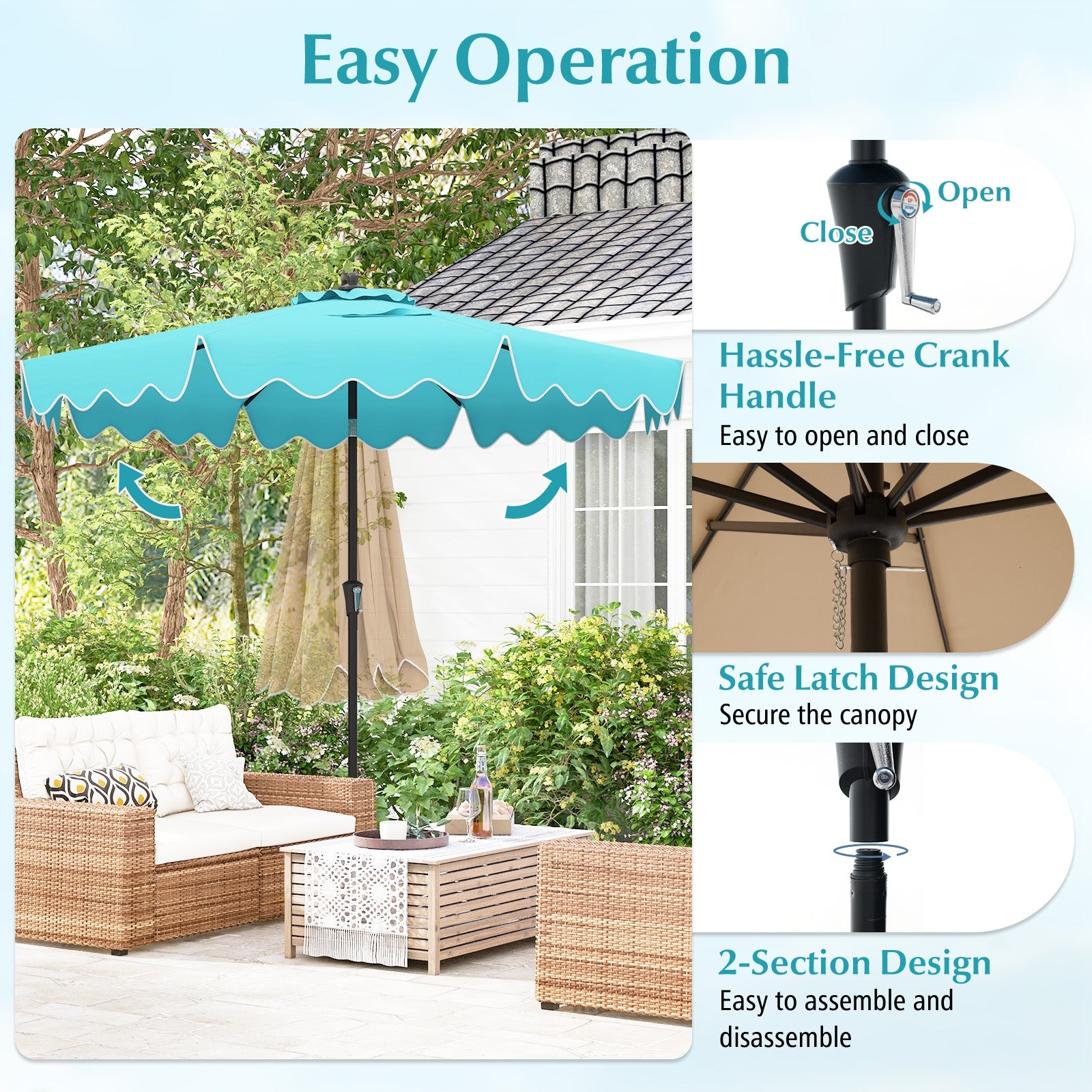 9 Feet Patio Umbrella with Crank Handle and Push Button Tilt, Turquoise Outdoor Umbrellas at Gallery Canada