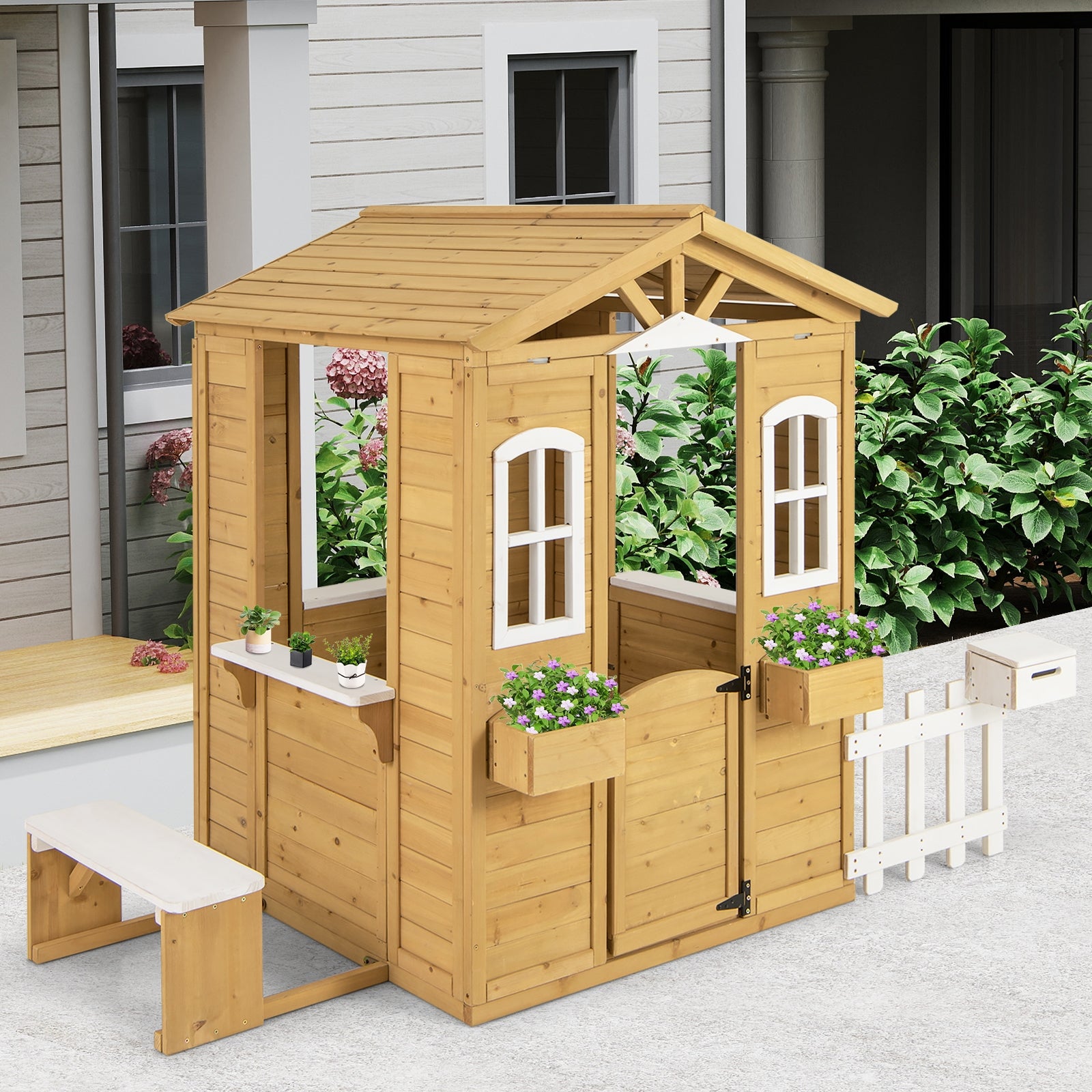 Wood Playhouse with Bench and Serving Stations for 2+ Years Old Kids Play Tents & Playhouse at Gallery Canada