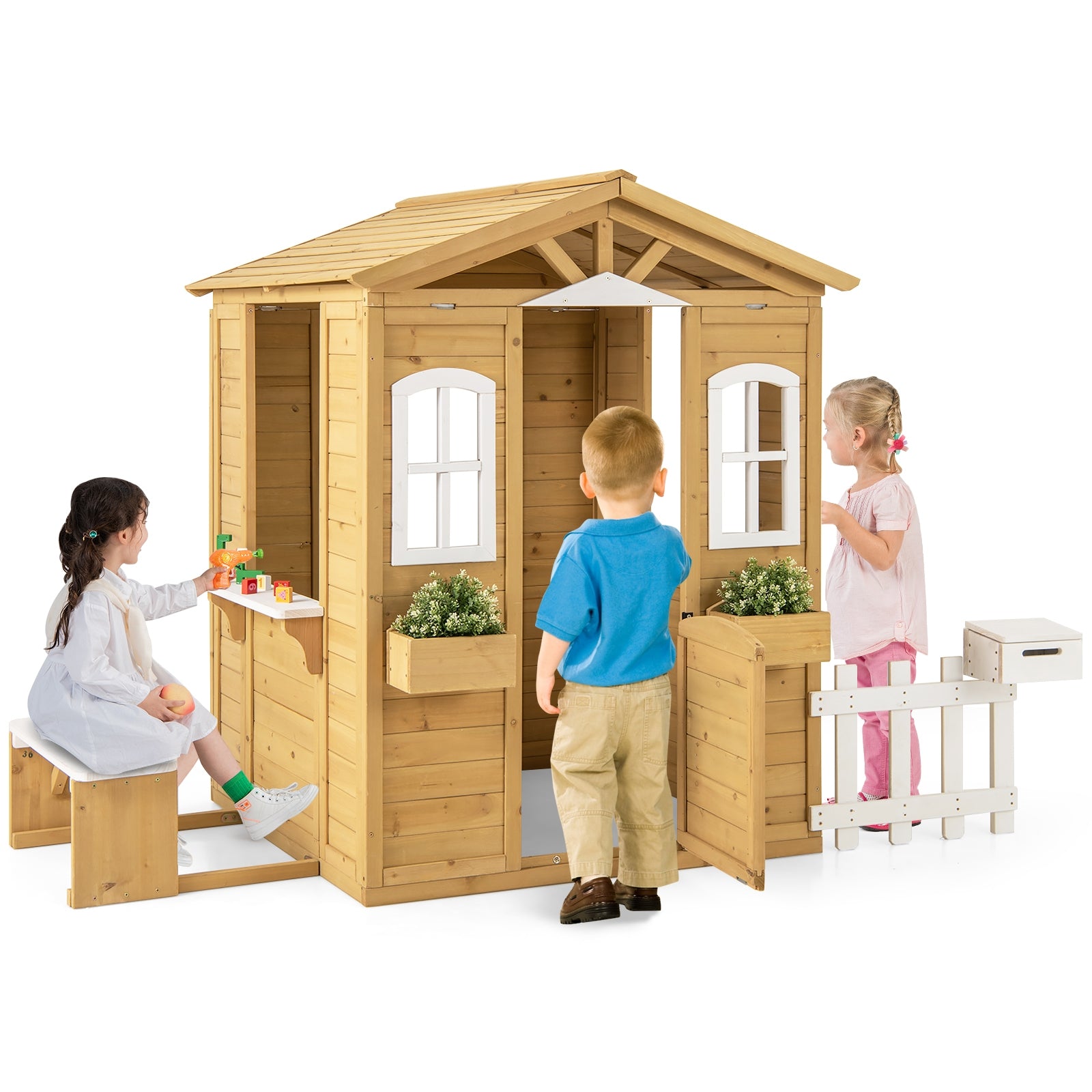 Wood Playhouse with Bench and Serving Stations for 2+ Years Old Kids Play Tents & Playhouse at Gallery Canada