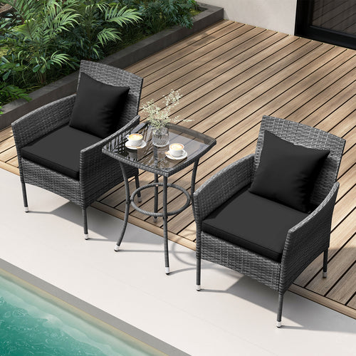 3 Piece Patio Furniture Set, Cushioned Chairs, Tempered Glass Table, Black