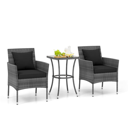 3 Piece Patio Furniture Set, Cushioned Chairs, Tempered Glass Table, Black