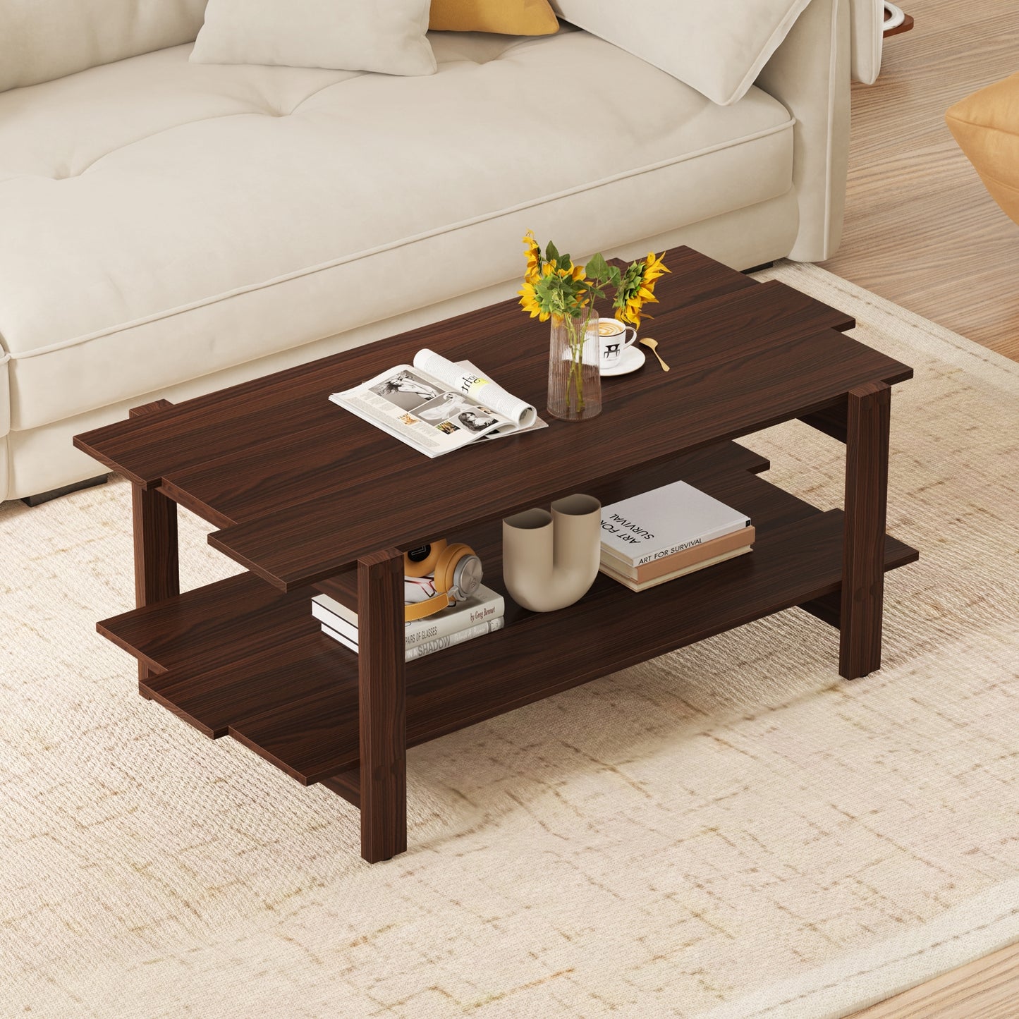 2-Tier Coffee Table Slatted Wood Center Table with Storage Shelf, Walnut Coffee Tables at Gallery Canada