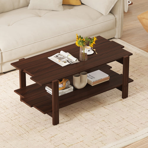 2-Tier Coffee Table Slatted Wood Center Table with Storage Shelf, Walnut