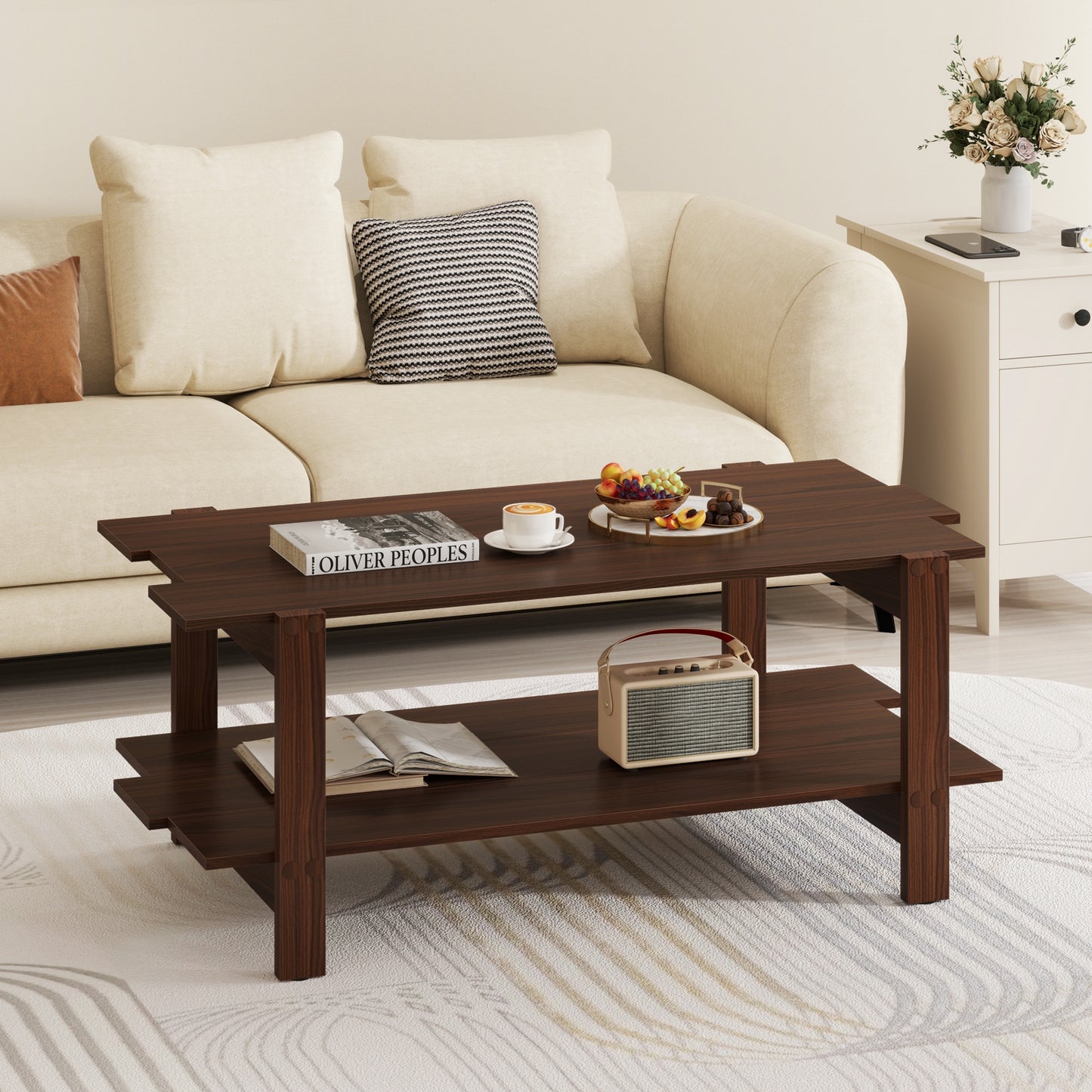 2-Tier Coffee Table Slatted Wood Center Table with Storage Shelf, Walnut Coffee Tables at Gallery Canada