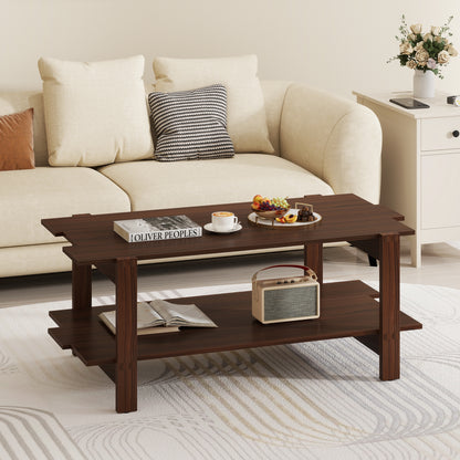 2-Tier Coffee Table Slatted Wood Center Table with Storage Shelf, Walnut Coffee Tables at Gallery Canada