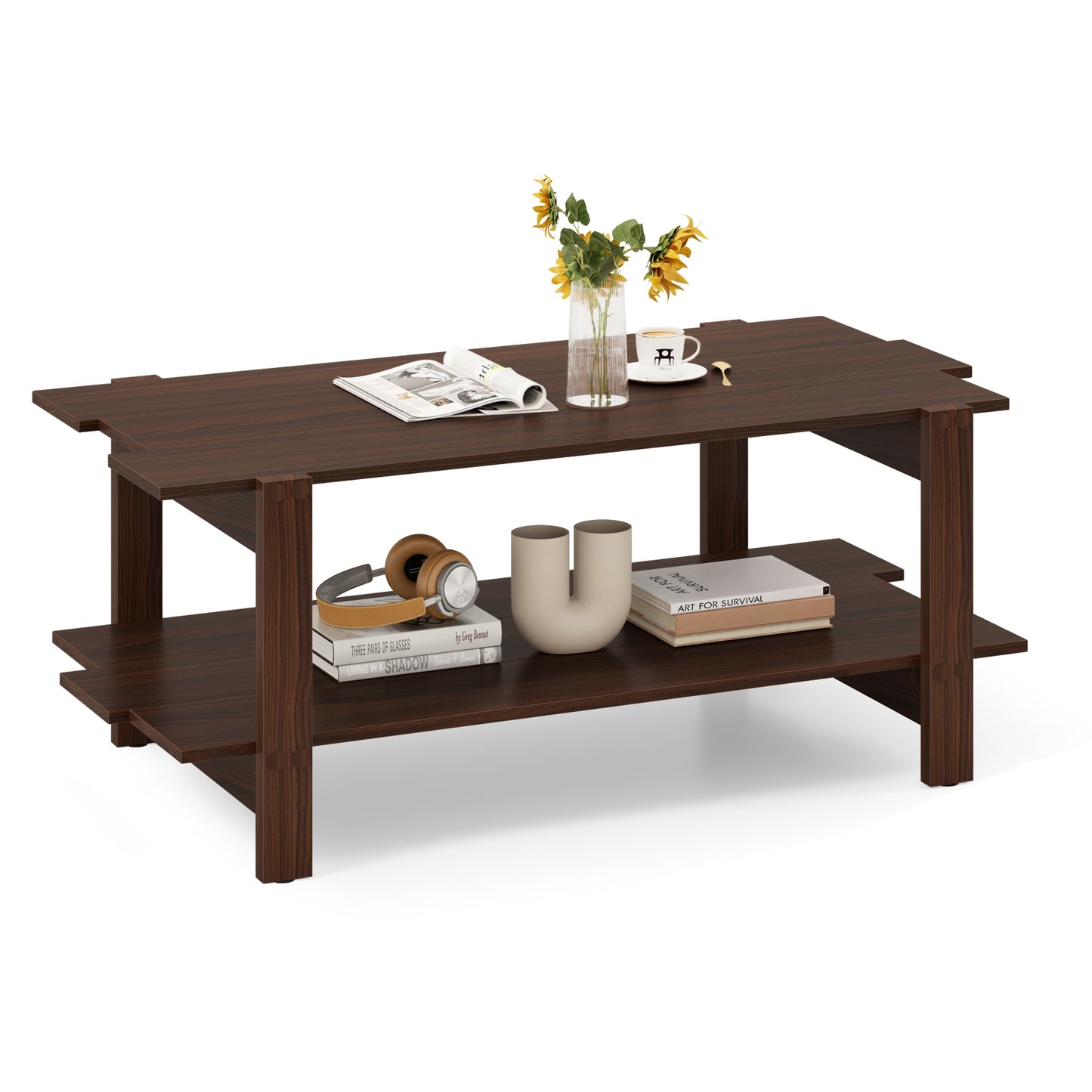 2-Tier Coffee Table Slatted Wood Center Table with Storage Shelf, Walnut Coffee Tables at Gallery Canada