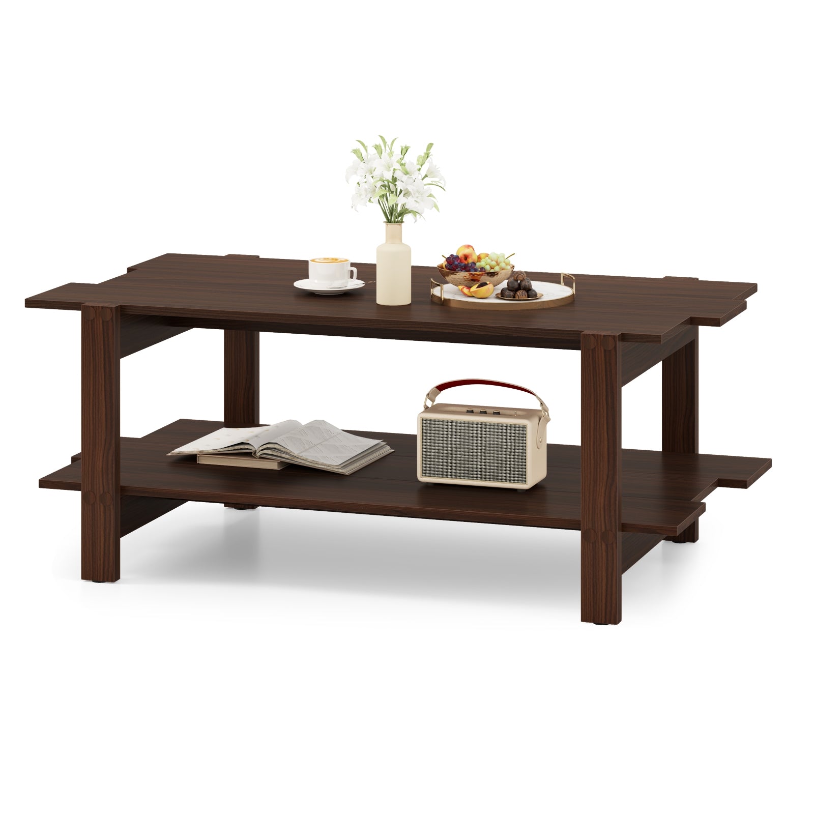 2-Tier Coffee Table Slatted Wood Center Table with Storage Shelf, Walnut Coffee Tables at Gallery Canada
