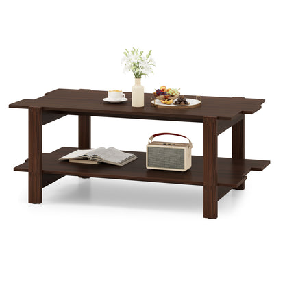 2-Tier Coffee Table Slatted Wood Center Table with Storage Shelf, Walnut Coffee Tables at Gallery Canada