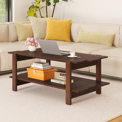 2-Tier Coffee Table Slatted Wood Center Table with Storage Shelf, Walnut Coffee Tables at Gallery Canada