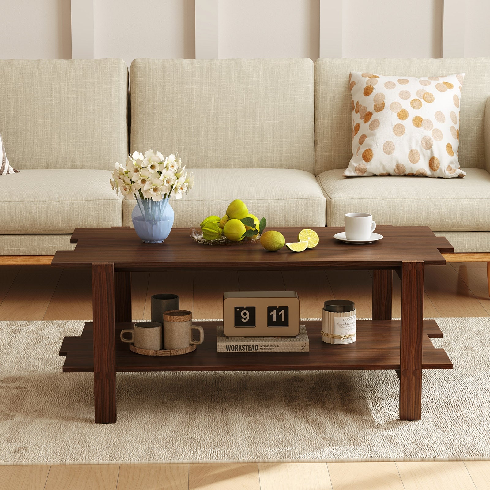 2-Tier Coffee Table Slatted Wood Center Table with Storage Shelf, Walnut Coffee Tables at Gallery Canada