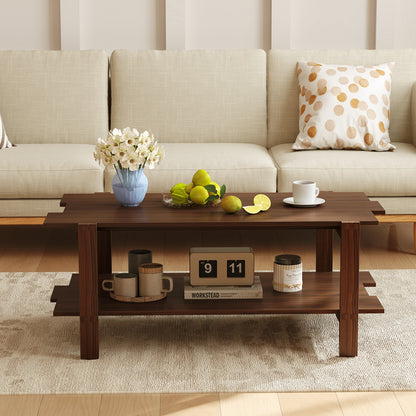 2-Tier Coffee Table Slatted Wood Center Table with Storage Shelf, Walnut Coffee Tables at Gallery Canada