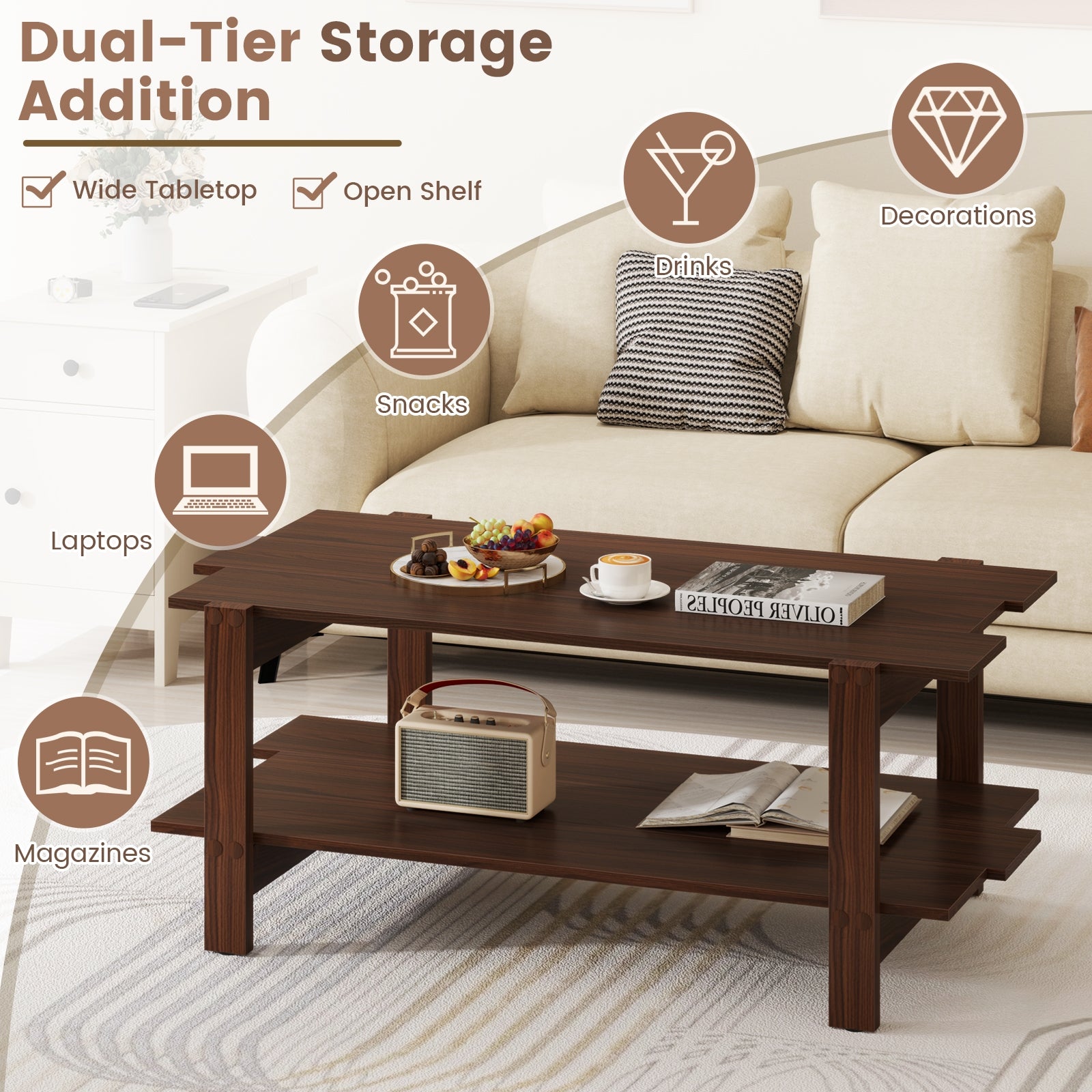 2-Tier Coffee Table Slatted Wood Center Table with Storage Shelf, Walnut Coffee Tables at Gallery Canada