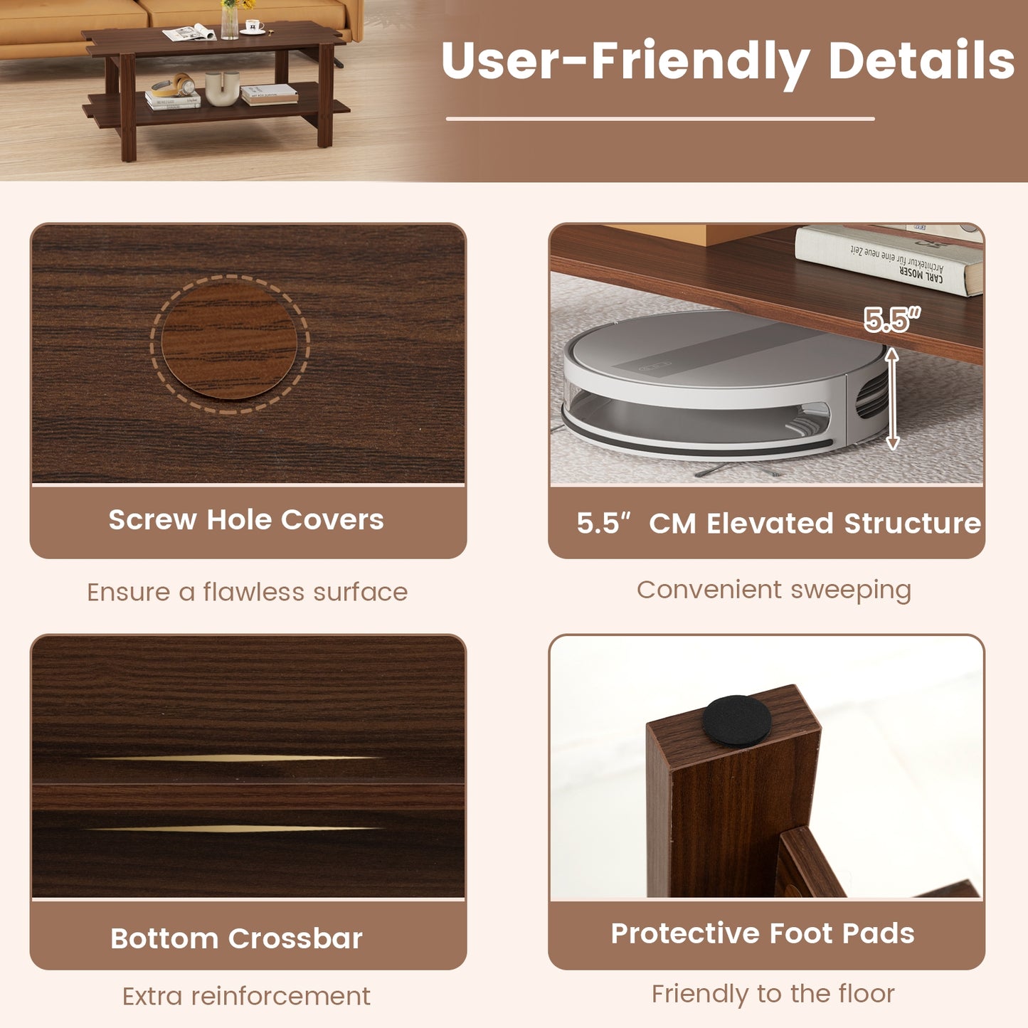 2-Tier Coffee Table Slatted Wood Center Table with Storage Shelf, Walnut Coffee Tables at Gallery Canada