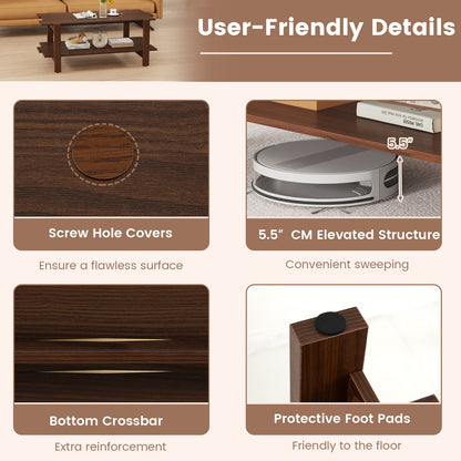 2-Tier Coffee Table Slatted Wood Center Table with Storage Shelf, Walnut Coffee Tables at Gallery Canada