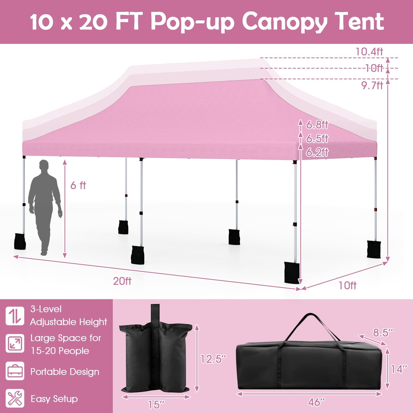 10 X 20 FT Pop up Canopy Tent Foldable Portable Outdoor Gazebo with Carry Bag, Pink Canopies at Gallery Canada
