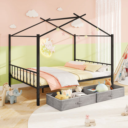 Full Size Metal House Bed with 2 Fabric Drawers for Kids, Black Toddler Beds at Gallery Canada