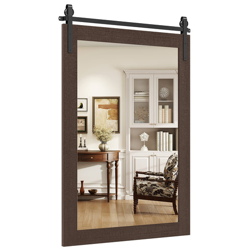 Rustic Wood Frame Barn Door Style Farmhouse Wall Mirror, Walnut