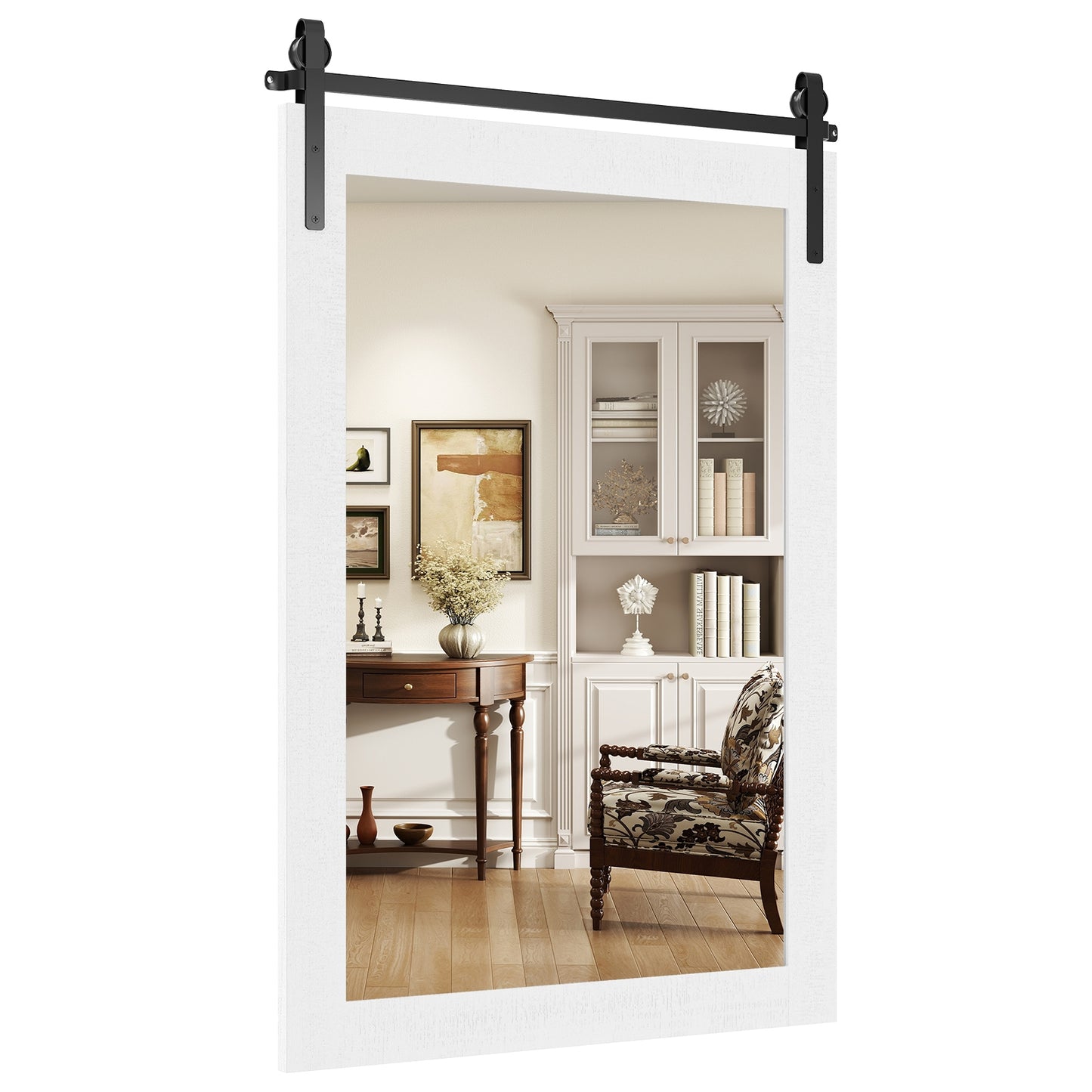 Rustic Wood Frame Barn Door Wall Mirror, White