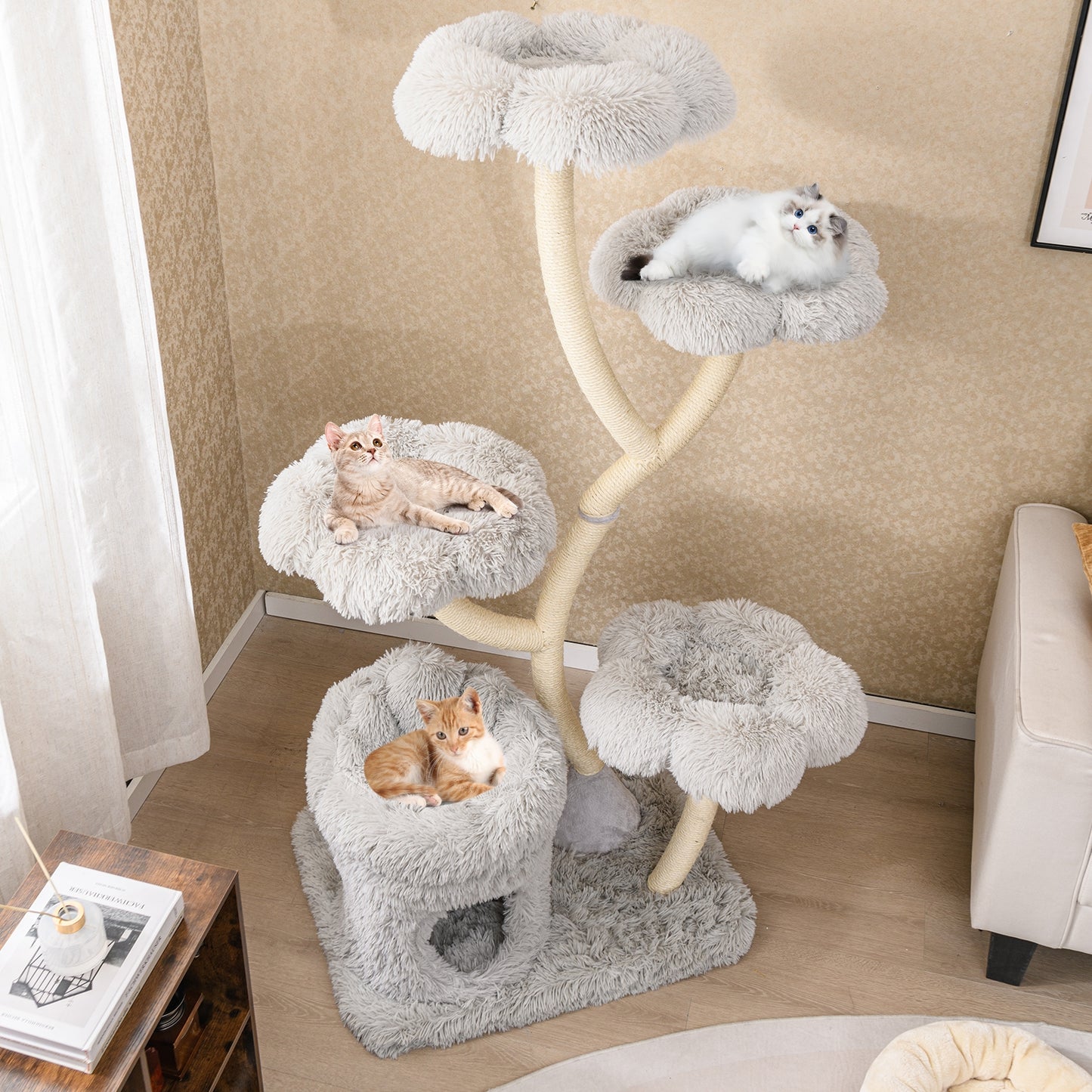 Freestanding Cat Tower with four Flower-shaped Platforms and Sisal Scratching Posts, Gray Cat Trees Condos & Scratchers at Gallery Canada