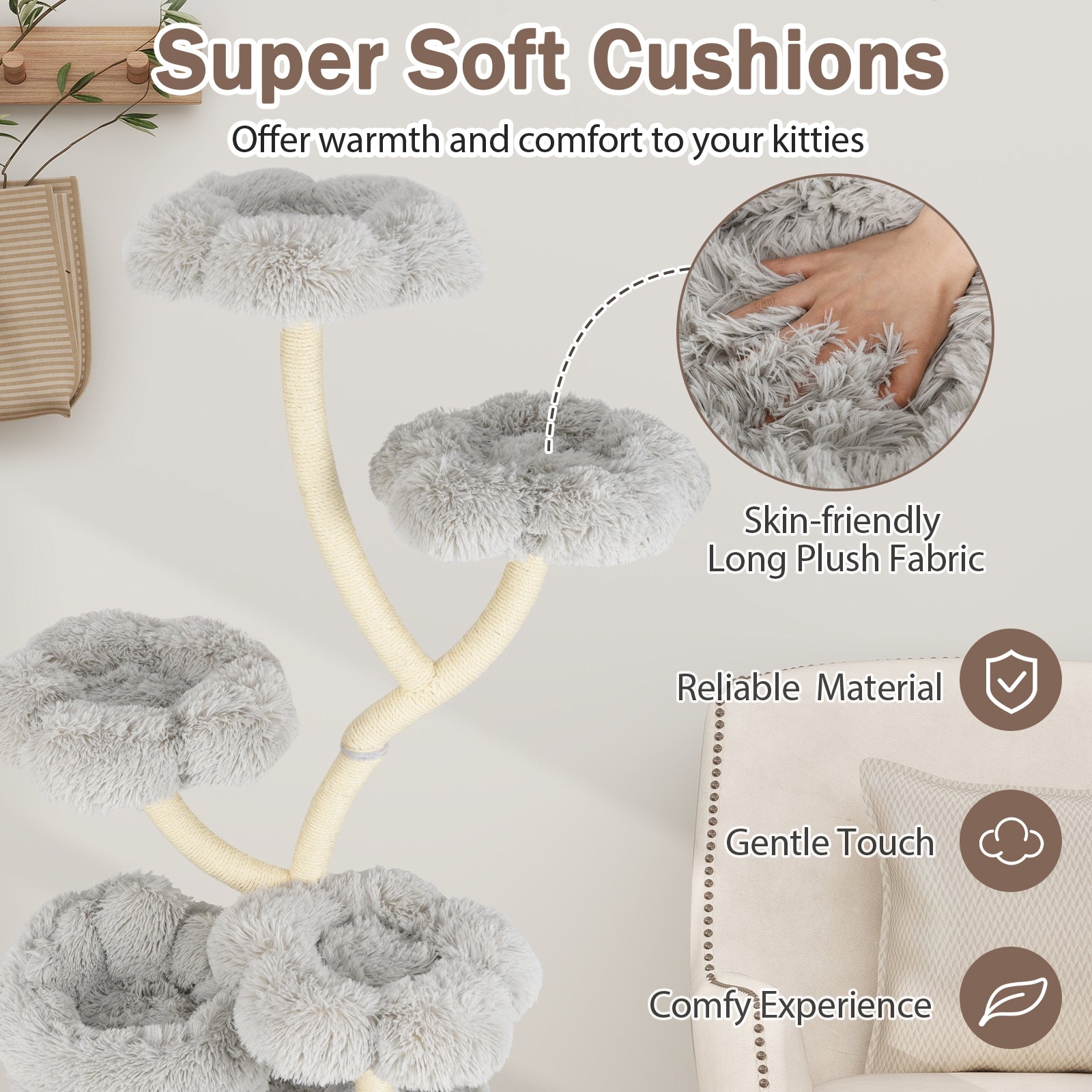 Freestanding Cat Tower with four Flower-shaped Platforms and Sisal Scratching Posts, Gray Cat Trees Condos & Scratchers at Gallery Canada