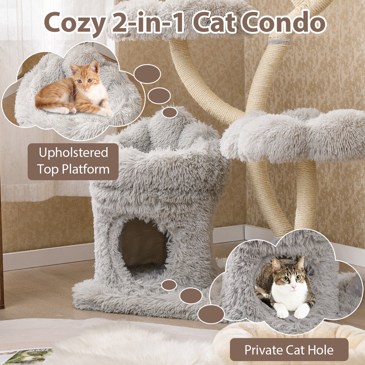 Freestanding Cat Tower with four Flower-shaped Platforms and Sisal Scratching Posts, Gray Cat Trees Condos & Scratchers at Gallery Canada