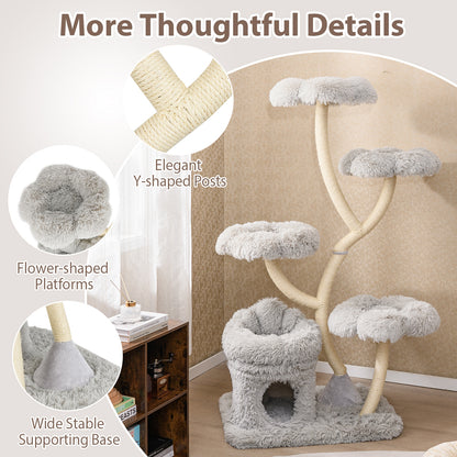 Freestanding Cat Tower with four Flower-shaped Platforms and Sisal Scratching Posts, Gray Cat Trees Condos & Scratchers at Gallery Canada