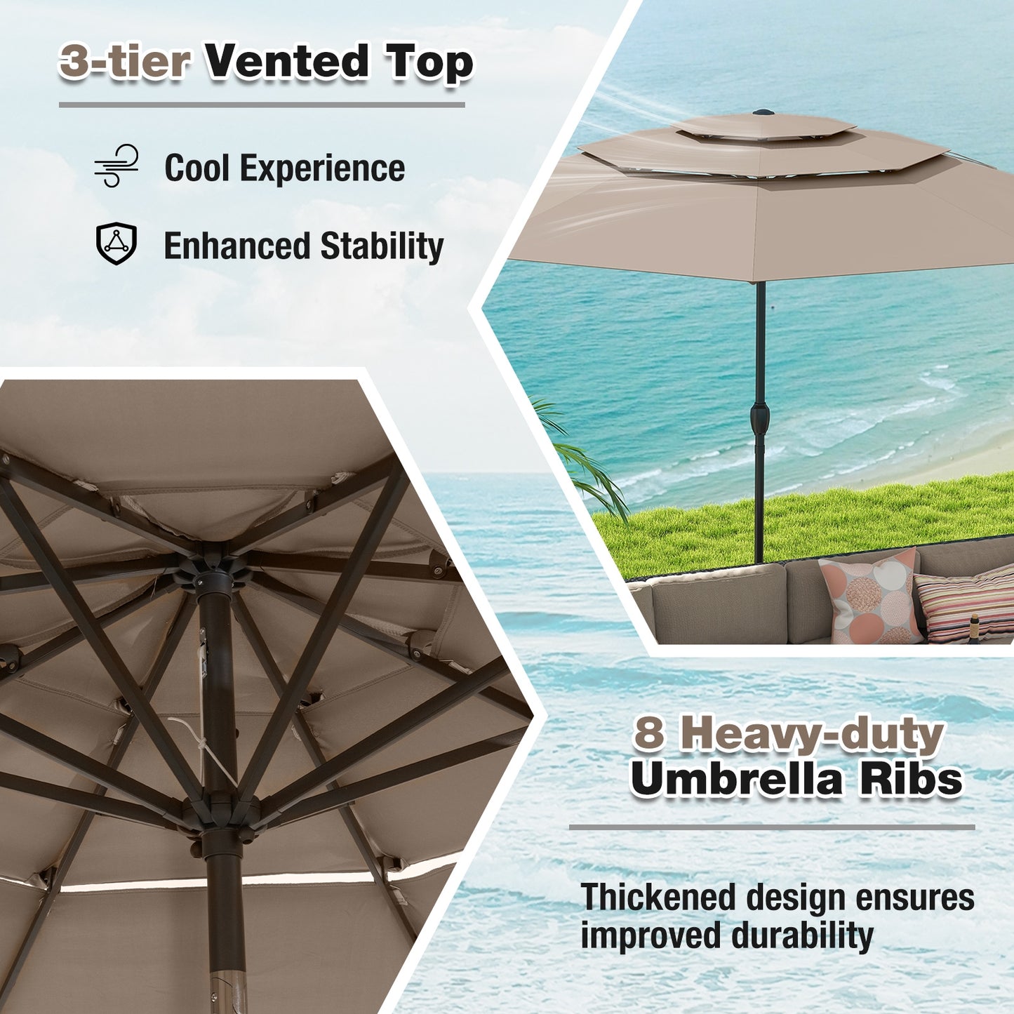 10 ft 3-tier Vented Patio Umbrella with Push Button Tilt, Brown Outdoor Umbrellas at Gallery Canada